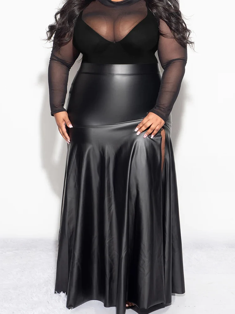 Vrouwen Plus Size Matte Leren Maxi Rok 9xl Hoge Taille Geplooide Kant Hoge Split Rok 8xl Wrap Heup Floor Length Rok Party 7xl