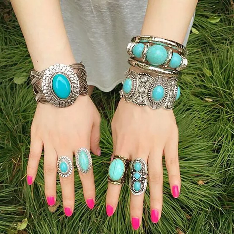Vintage Tibetan Silver Metal Elastic Bracelets Blue Red Black Rhinestone Tribal Indian Bracelets Turkish Women Men Party Jewelry