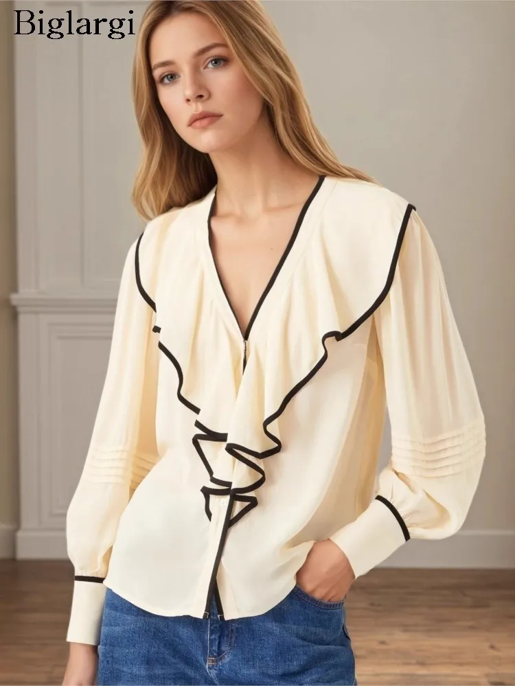 

Autumn Tops Women Ruffle Pleated Fashion Print Patchwork Ladies Blouses Loose Lantern Long Sleeve Woman Tops