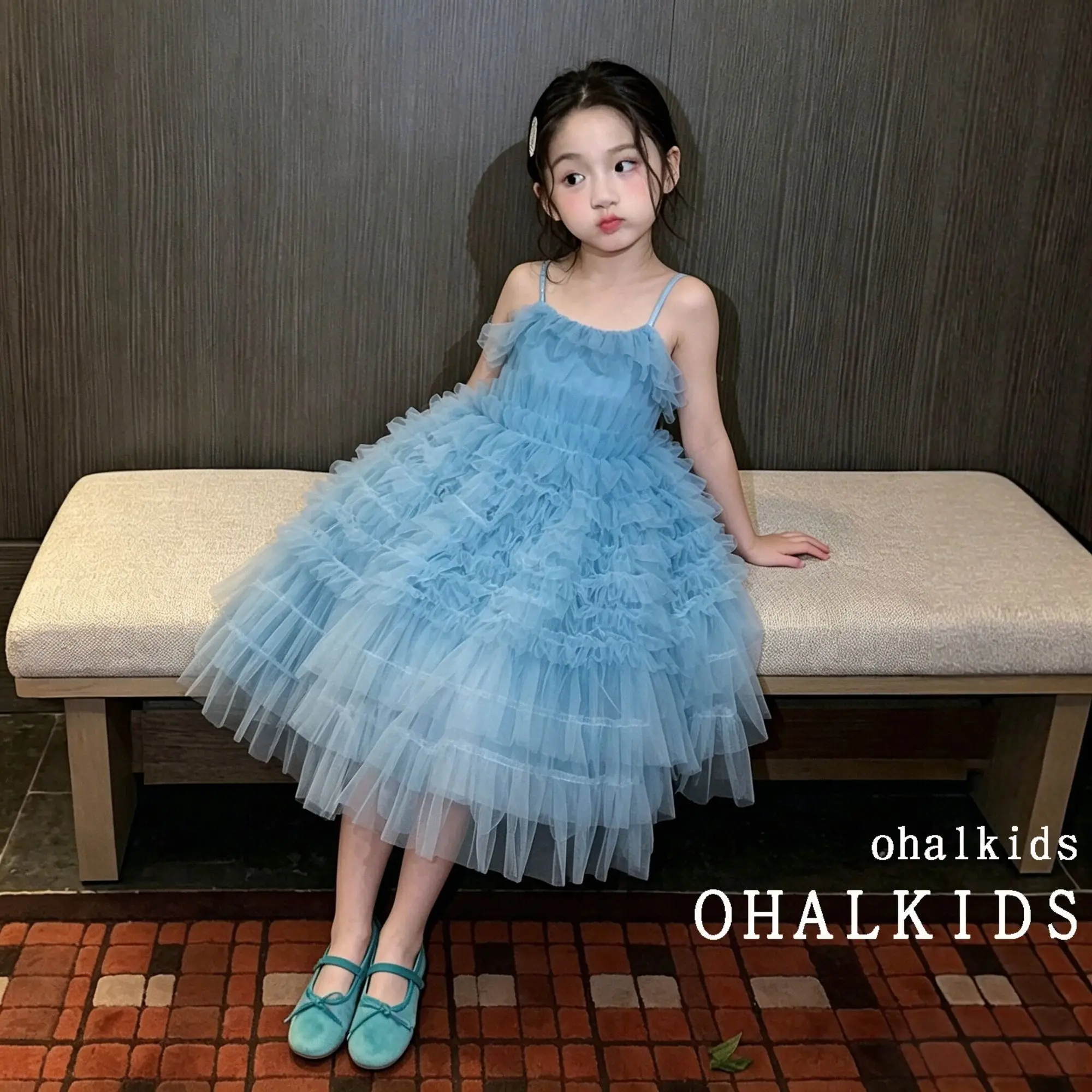 Girls Blue Cake Skirt Summer Sweet Princess Simple Style Solid Color Strap Little Girls Beautiful Dress Summer