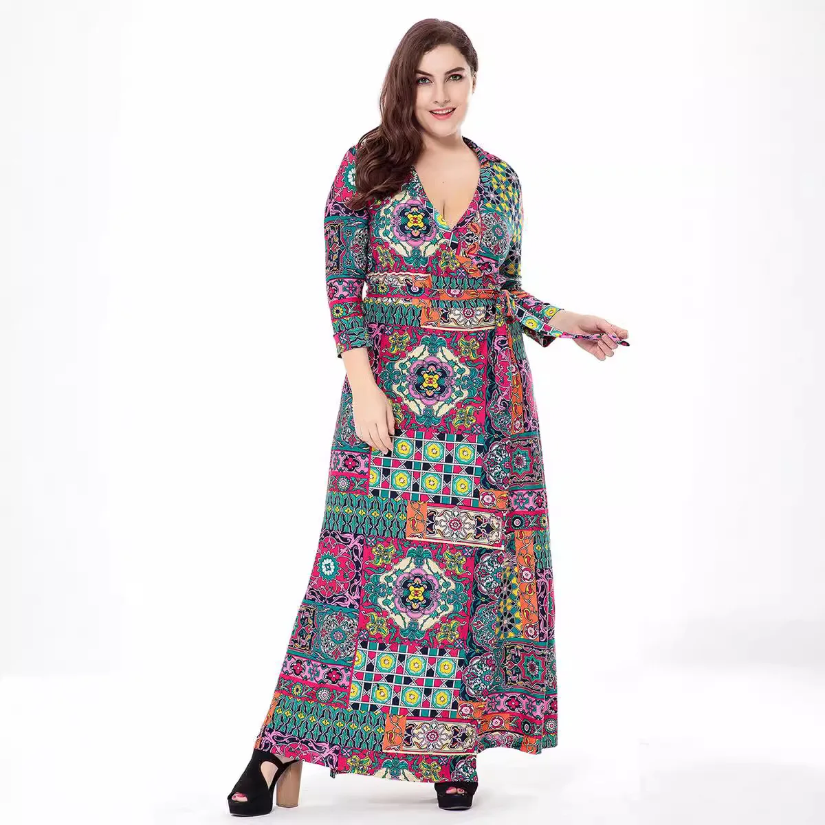 

Spring and Autumn New Plus Size Lapel Seven Quarter Sleeve Knitted Printed Dress Cardigan Wrapped in Long Skirt Style Casual Y2k