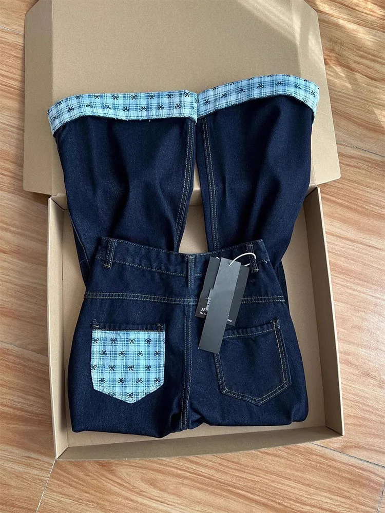 Calças Jeans de Cintura Alta com Pernas Largas para Mulheres, Calças de Denim com Patchwork de Borboleta, Corte Solto e Reto,...