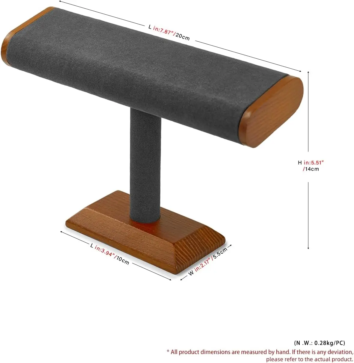 Solid Wood T-Bar Watch Display Stand, Grey Jewelry Organizer for Bracelets