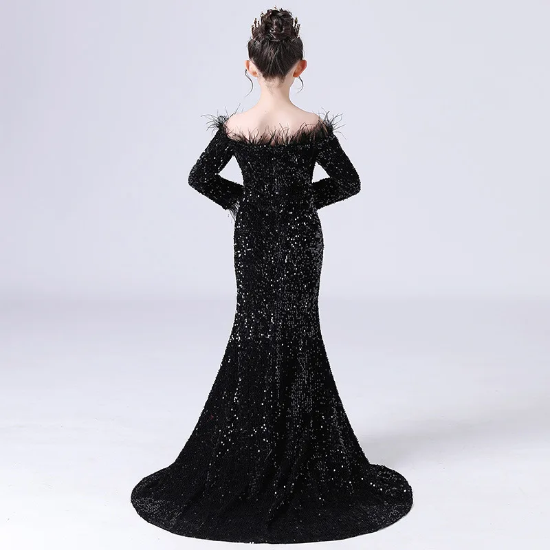 Evening Dresses For Girls Sequined Long Mermaid Girls Party Dress Full Sleeves Teenage Dress With Feathers robe ceremonie fille