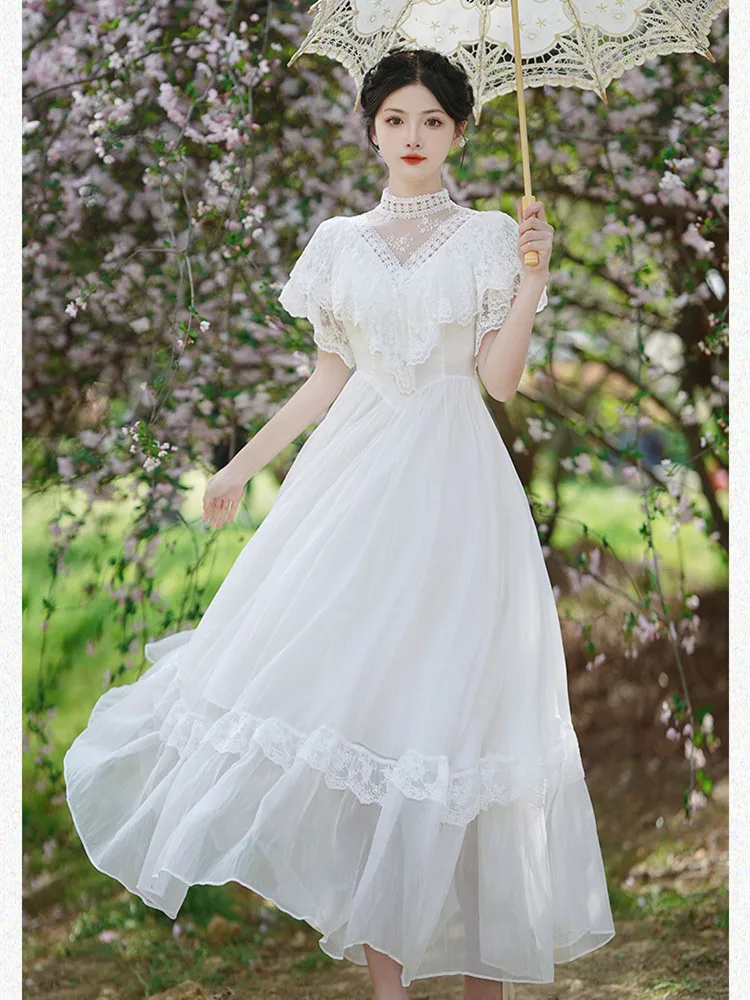 High Quality White Vintage Dress Women Chiffon Lace Ruffle Fashion Evening Vestido Summer French Fairy Dresses for Elegant Lady