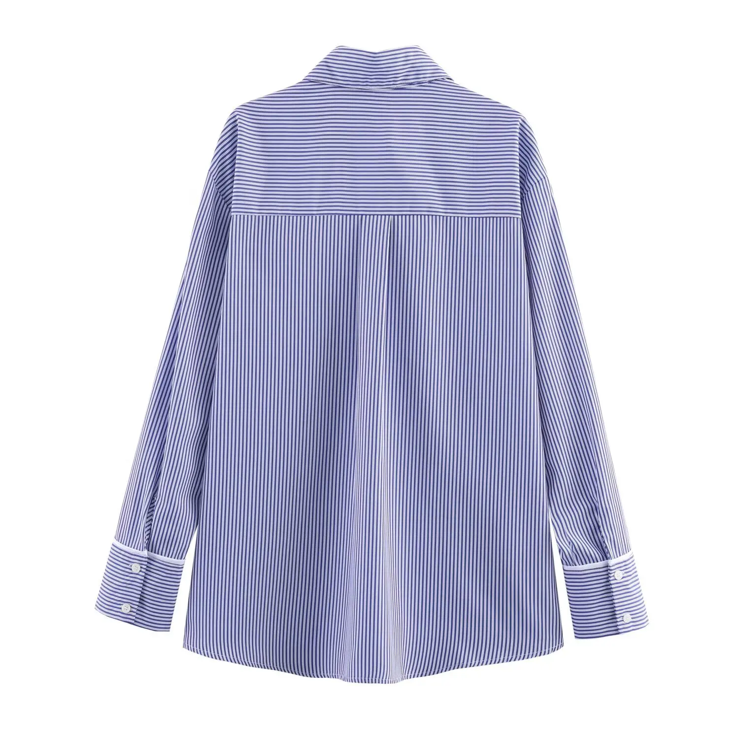 Women Casual Chic Blue Stripe Pants Set Female Striped Long Sleeve Shirt Or Lady Elastic Waist Straight Leg Striped Pants