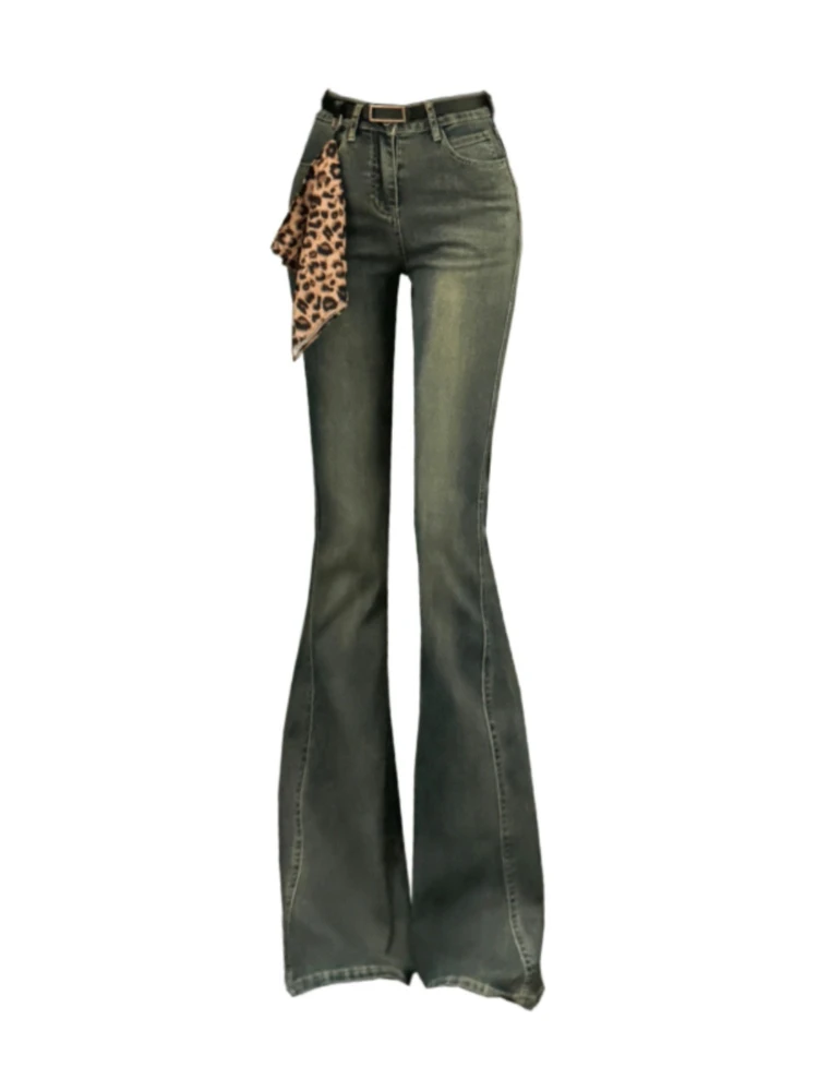 레오파드 프린트 스카프 벨트 청바지 여성 여름 2025 하이웨이스트 밴딩 슬림핏 다용도 스트레이트 마이크로 플레어 팬츠