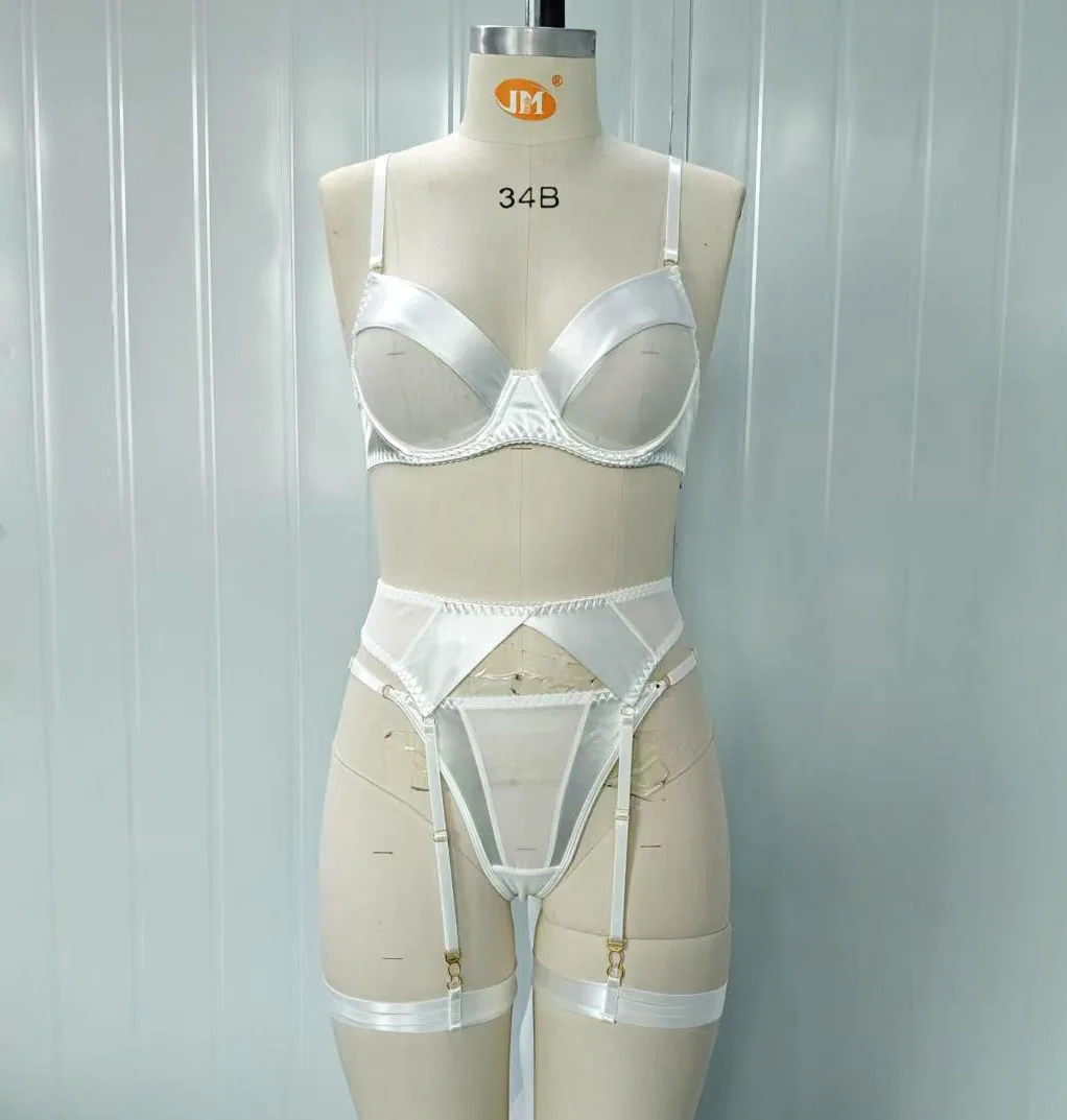 Brskbzda Conjunto de lencería elegante para mujer, sujetador de satén liso con parches, cinturón y ligueros, conjunto de moda íntima sensual y atractivo para mujer