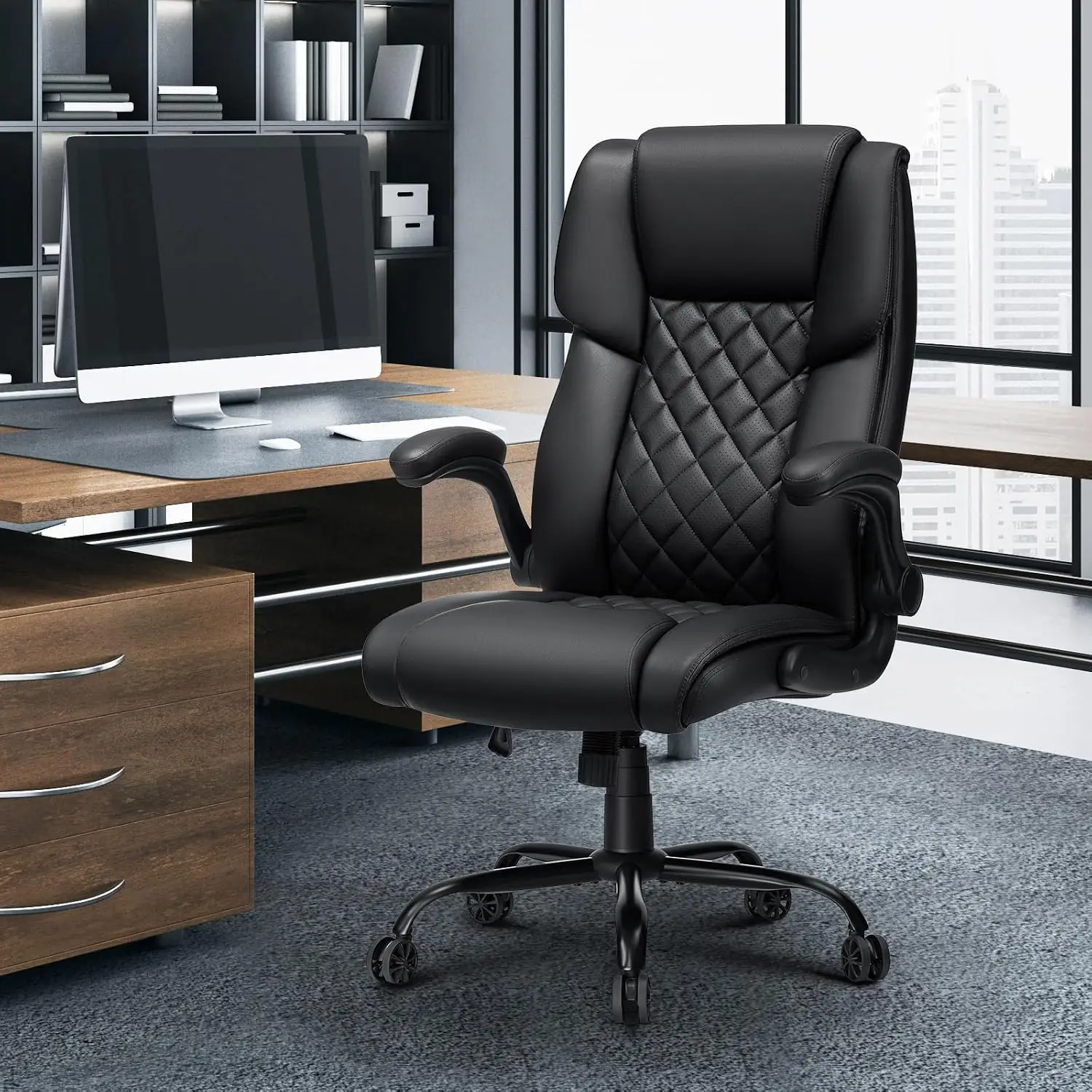 Heavy Duty Office Chair 450lbs Ergonomic High Back Leather Desk Chair Adjustable Lumbar Padded Flip Arms Black, Customized