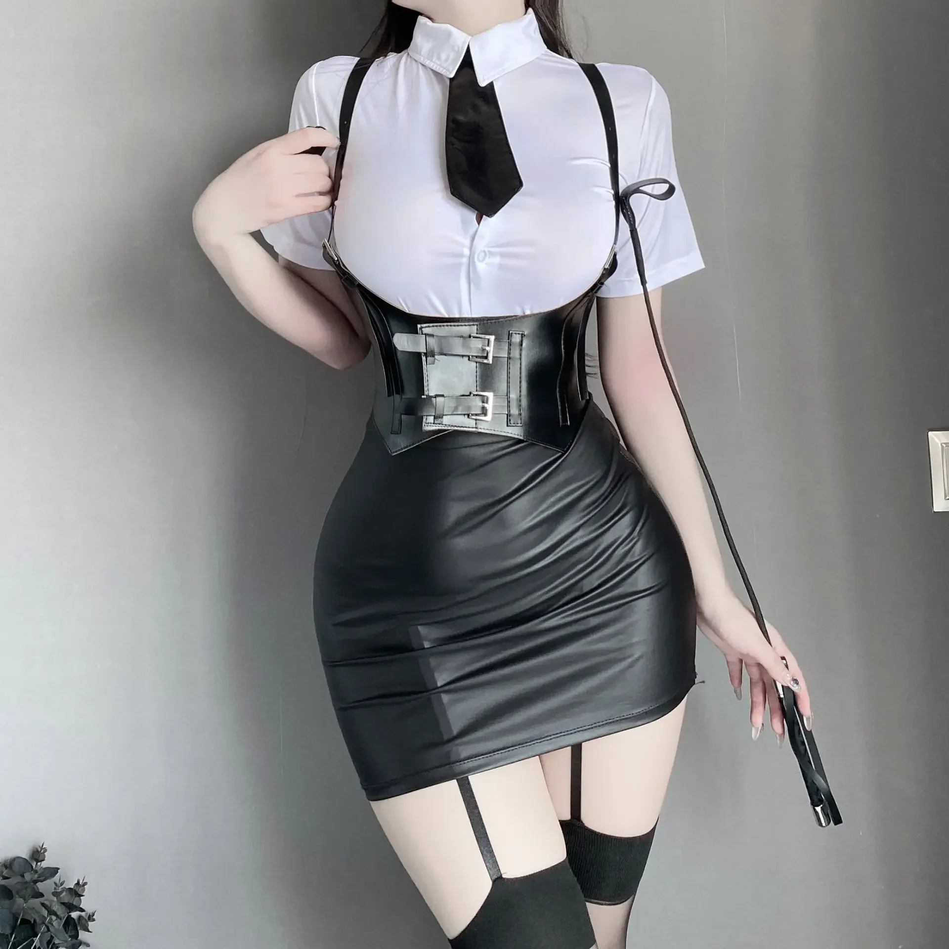 Uniforme de secretaria de Lencería sexy, camisa de profesor, traje corto de cuero, Cosplay de seducción