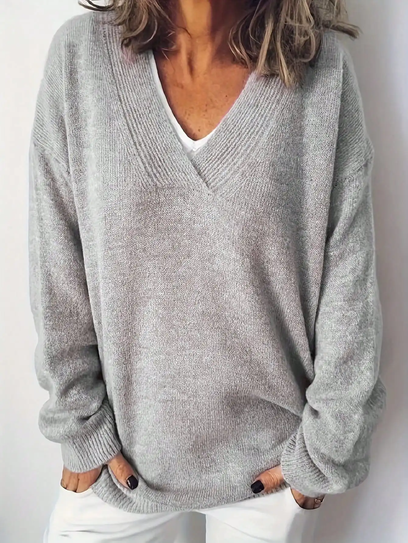 Herbst Winter Täglicher Casual Damen Übergröße V-Ausschnitt Langarm Pullover – Detail 7