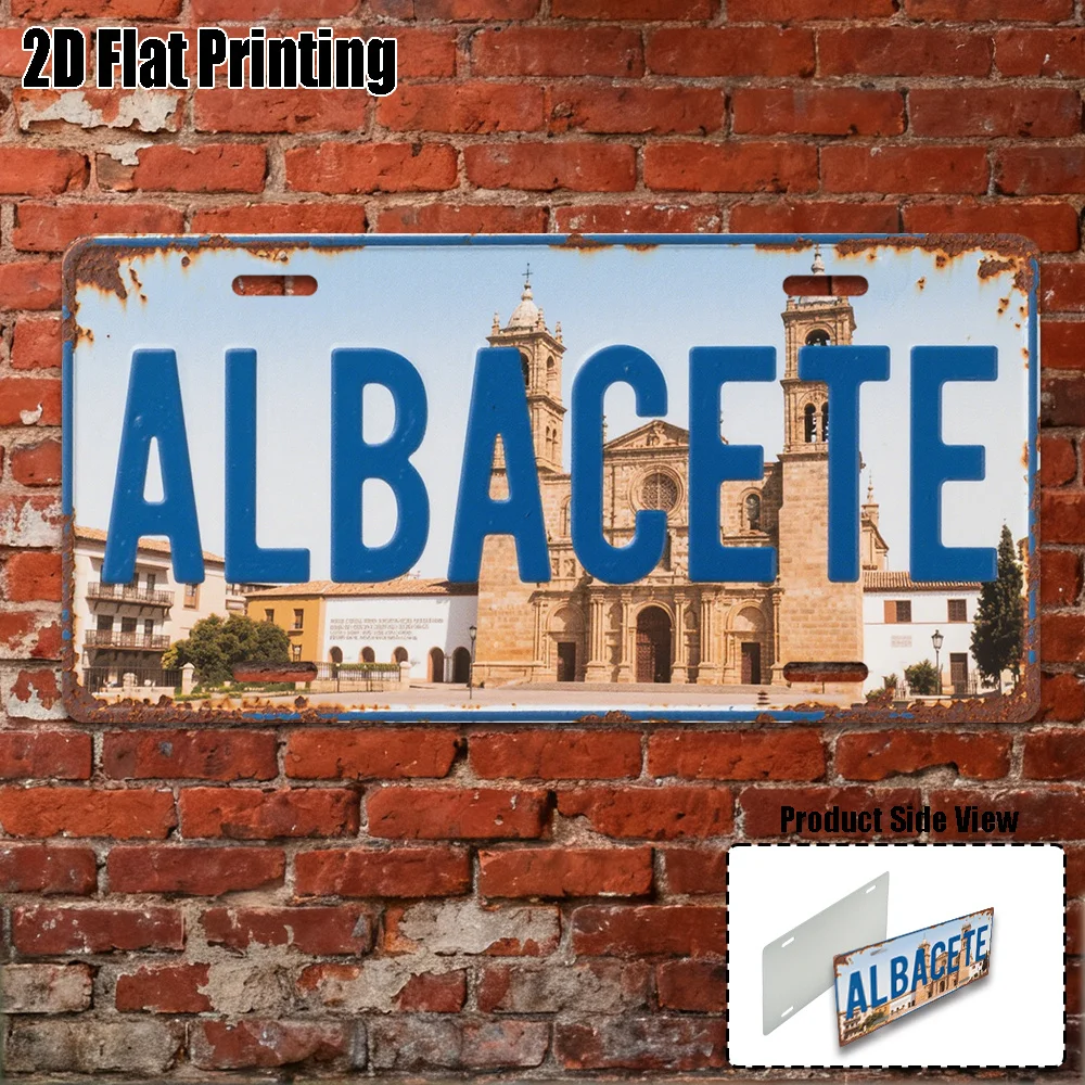 Letrero Vintage de Albacete Plano 2D - 1 Pieza | Póster Plano de Aluminio 2D, Decoración de Ciudad Europea, Regalo Rústico de Viajes y Naturaleza, Decoración para Colgar en la Pared