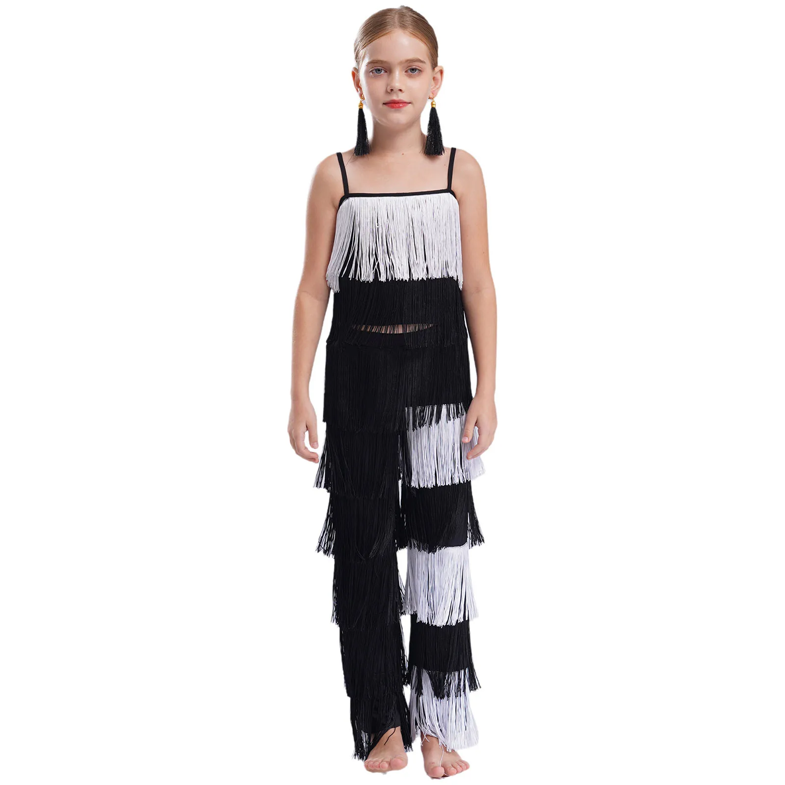 

Kids Girls Latin Dance Outfits Salsa Samba Ballroom Stage Performance Competition Costume Tiered Tassels Camisole Crop Top+Pants