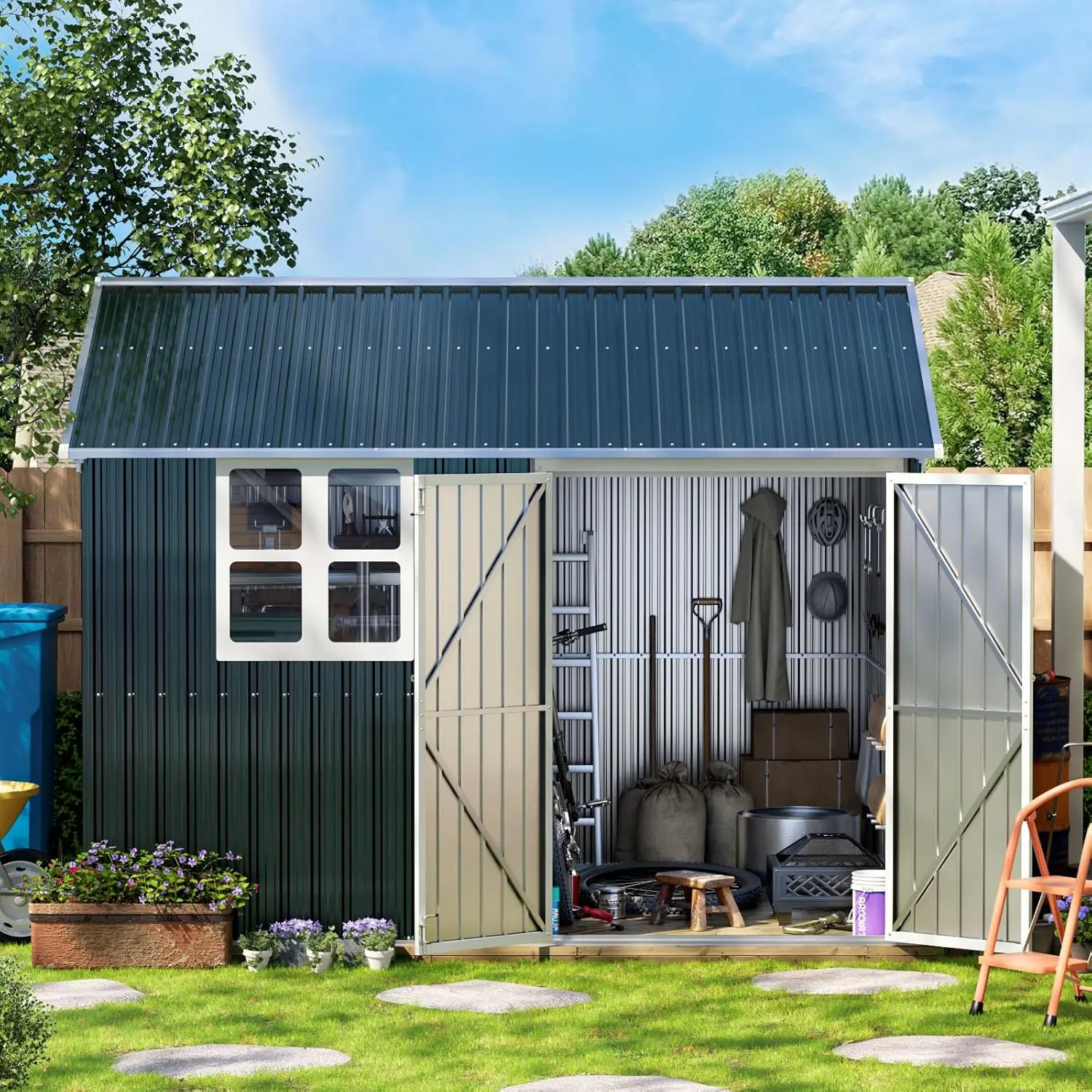 10X8FT Outdoor Steel Storage Shed with Lockable Doors, One Window,Ideal for Garden, Backyard, Patio Storage