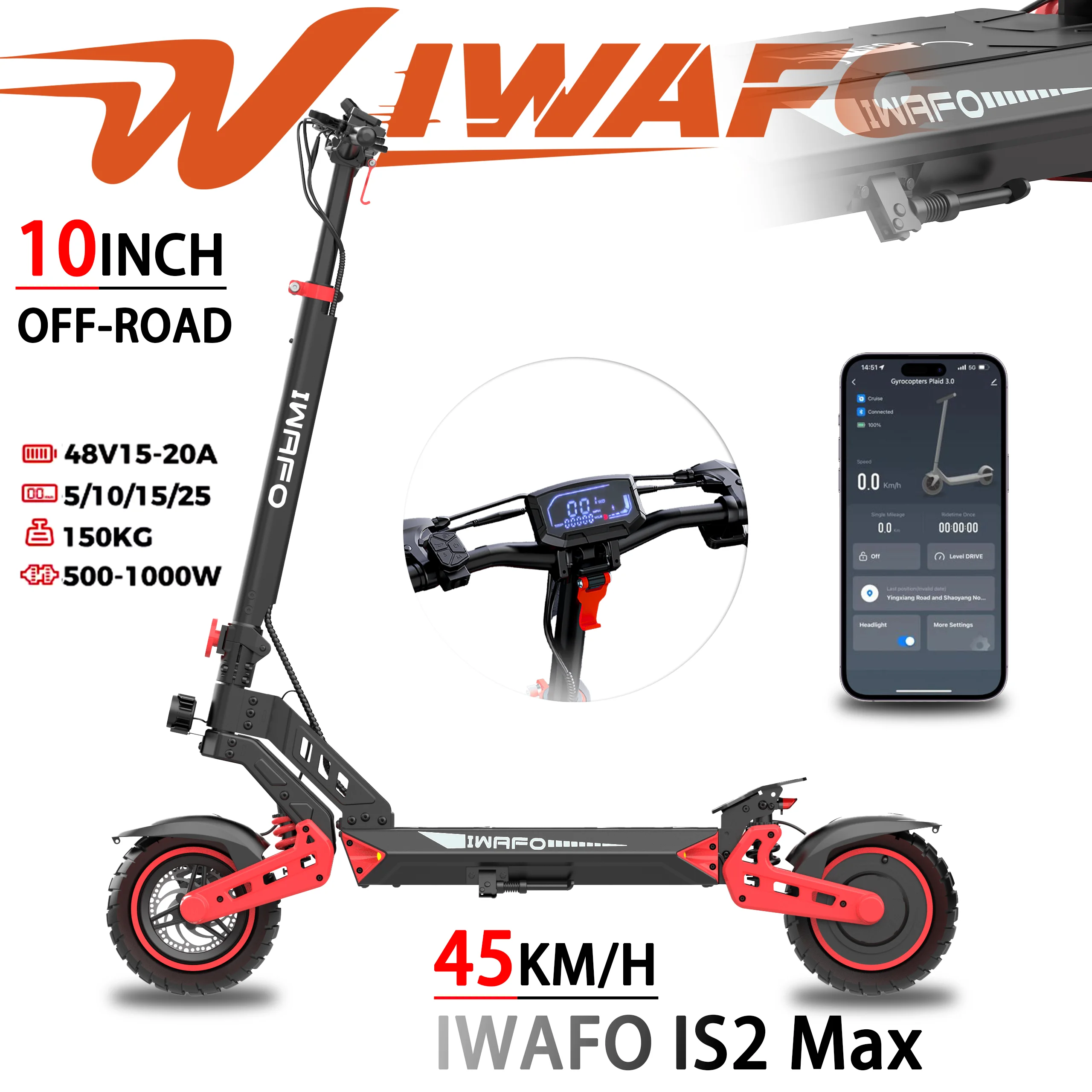 Trotinette elettriche IWAFO IS2 Max per adulti Batteria 1800W 52V20Ah Pneumatici fuoristrada da 10 pollici Design pieghevole