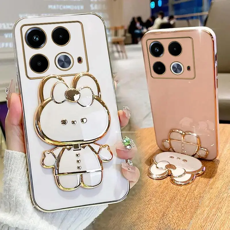 Note40 Rabbit Makeup Mirror Holder Plating Phone Case For Infinix Note 40 Shatterproof Protection Infinix Note 40Pro Back Cover