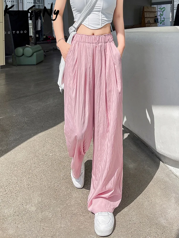 KarSaNy Summer Women Pants Wide Leg Trousers High Waist Ice Slik Pant Elastic Waist Loose Straight Baggy Pants Woman Summer