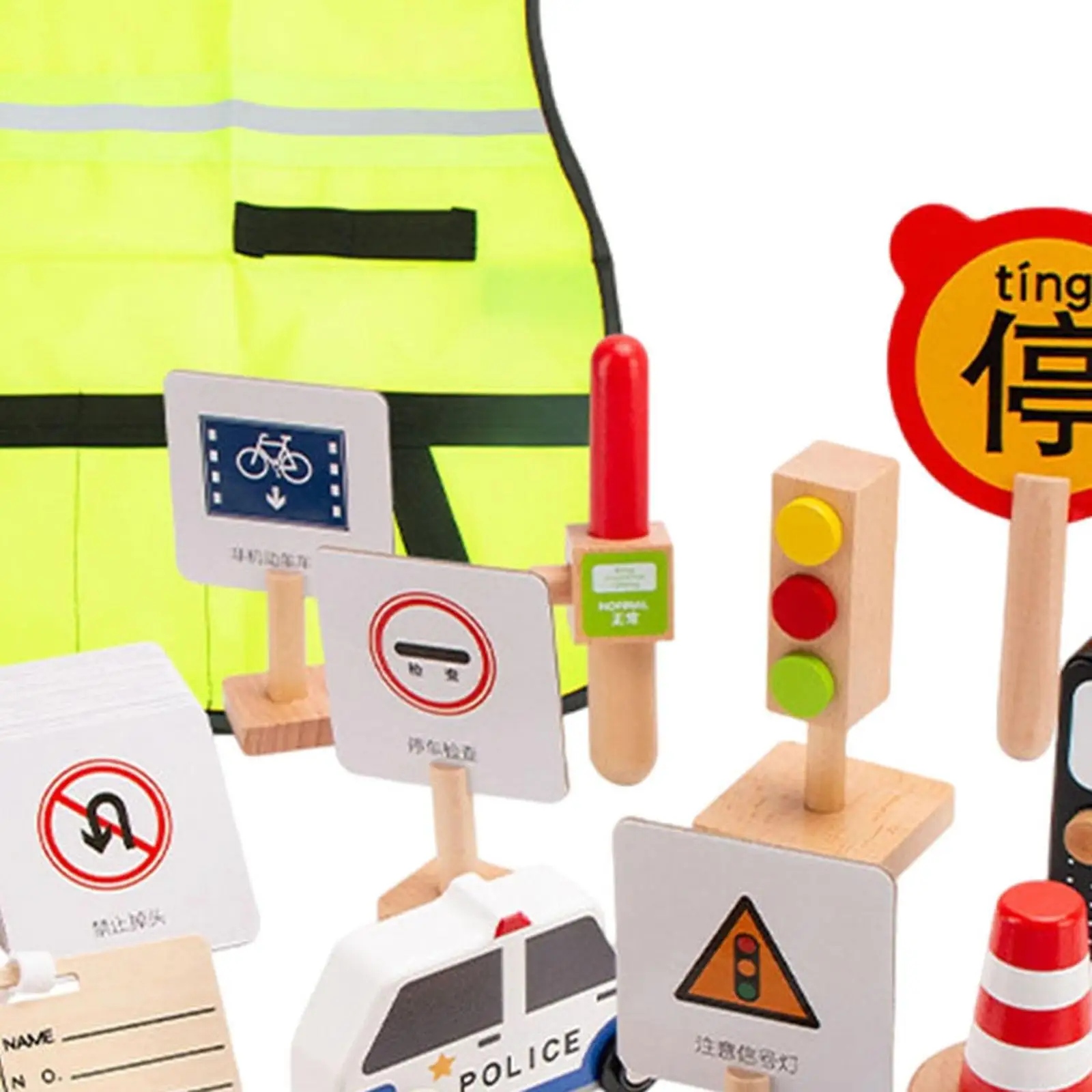 Wooden Road Construction Traffic Sign Set with Uniform Fancy Dress up Teaching Aids Learning Toy Costume for Classroom Party Toy