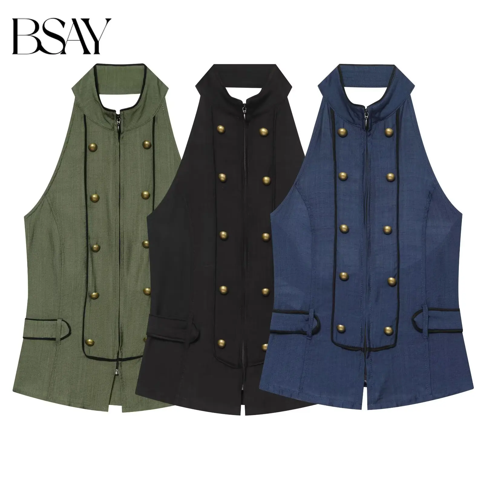 BSAY Damen-Weste mit Neckholder-Ausschnitt und offenem Rücken, zweireihig, ärmellos, Stehkragen, Reißverschluss vorne, lässiges, schmal geschnittenes ärmelloses Oberteil
