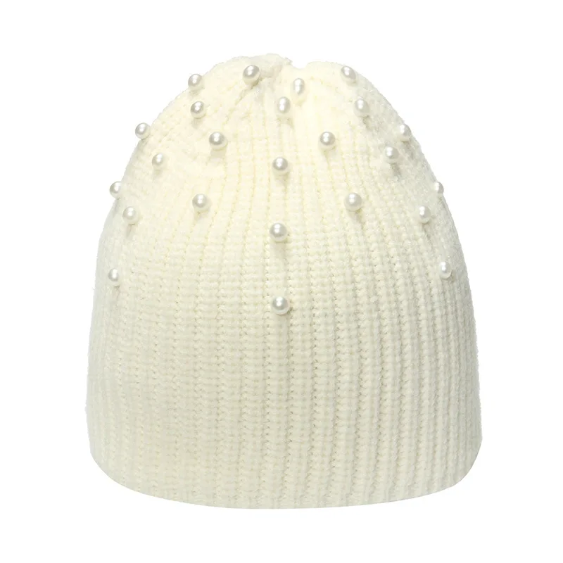 New Winter Classic Knitted Hats for Women Soft Beanies Girls Versatile Pearl Warm Skull Caps Turban Bonnet Cold Hat