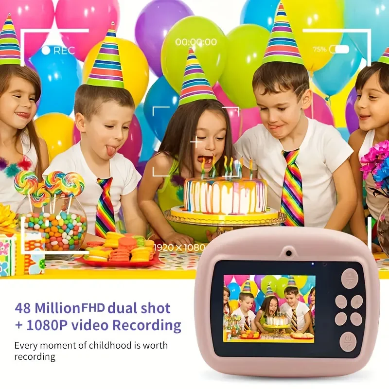 Câmera Digital Instantânea para Crianças com Impressão Térmica de Fotos e Etiquetas, Presente de Aniversário para Meninas e Meninos com 2 Rolos de Papel para Impressora