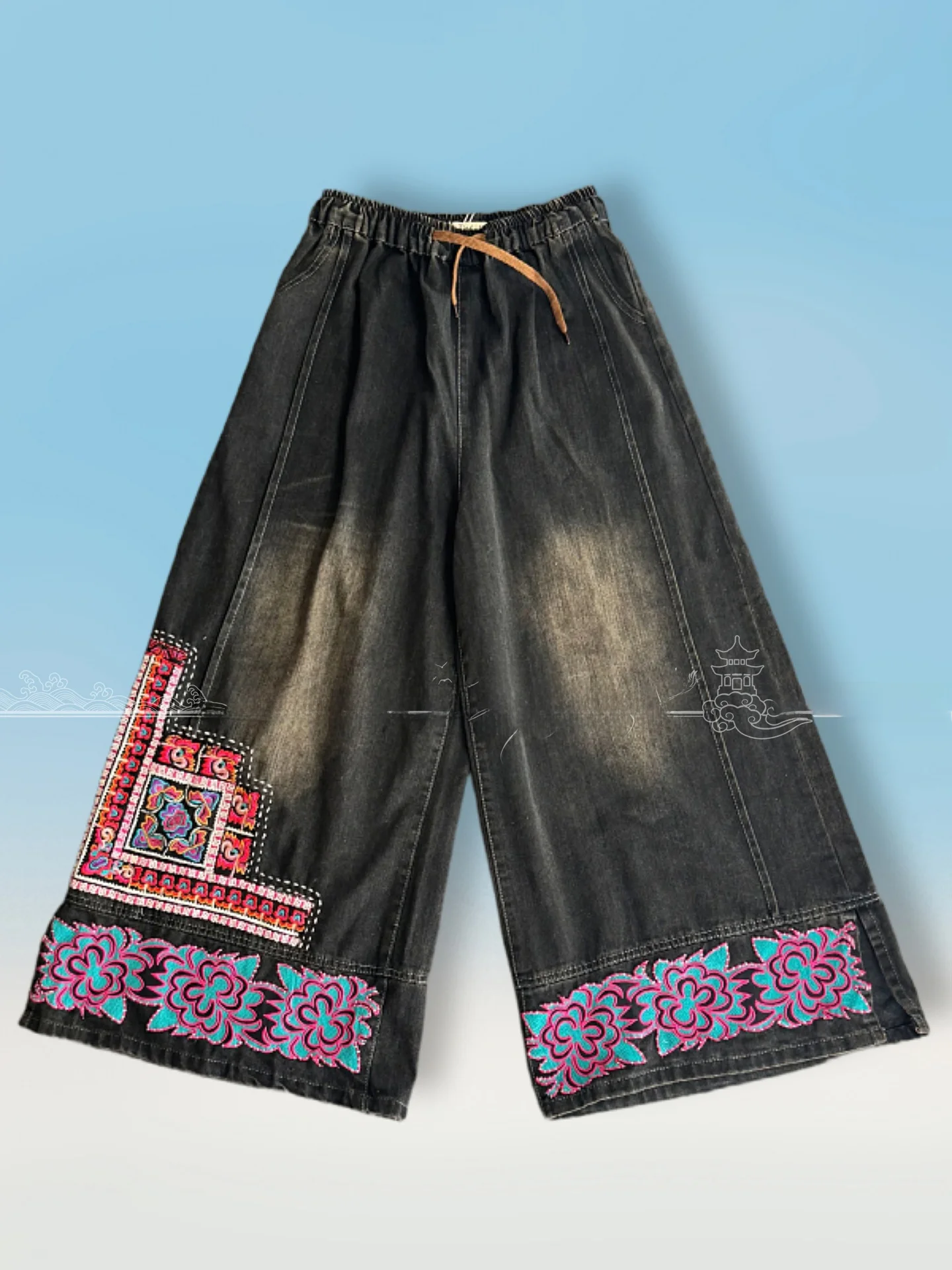 

Elastic Waist Loose Leggings Women's Jeans Embroidered Floral Pattern Ethnic Style Casual Cotton Trousers mid Stretch