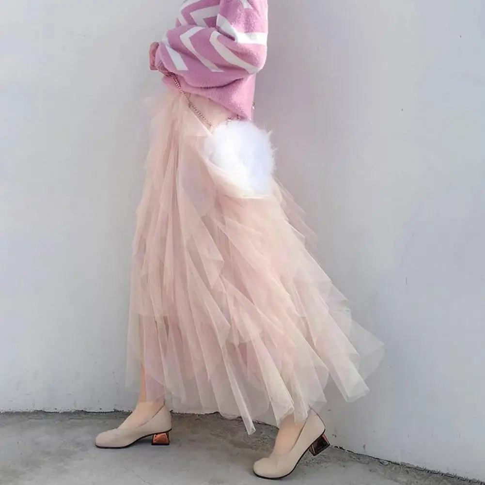 Women Midi Skirt Elastic High Waist Mesh Yarn Decor Long Skirt Solid Color Flowy Hem Versatile Cake Skirt