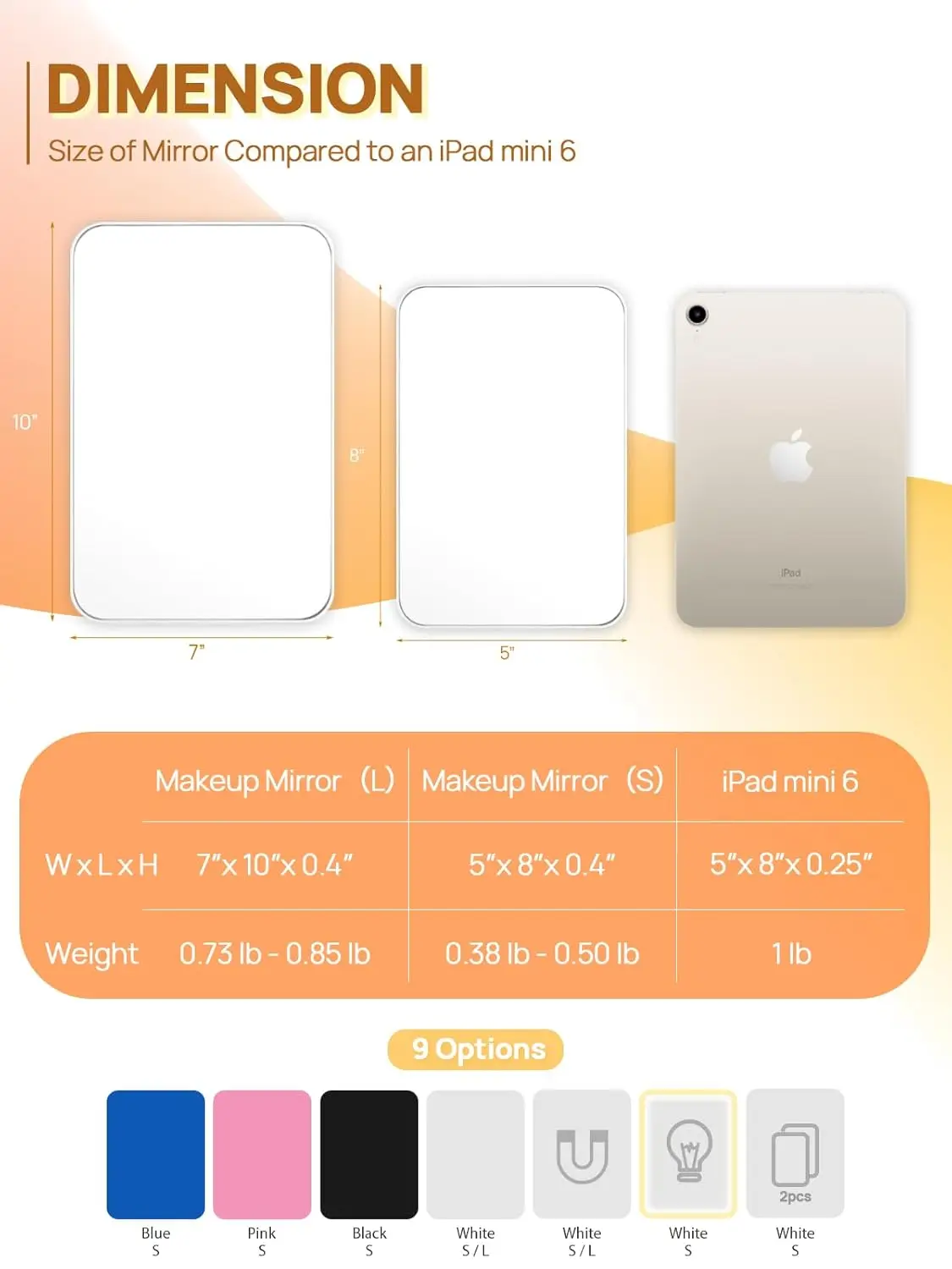 Espelho de maquiagem de mesa dobrável de 8x5" – Montatável na parede, adequado para viagens (branco)