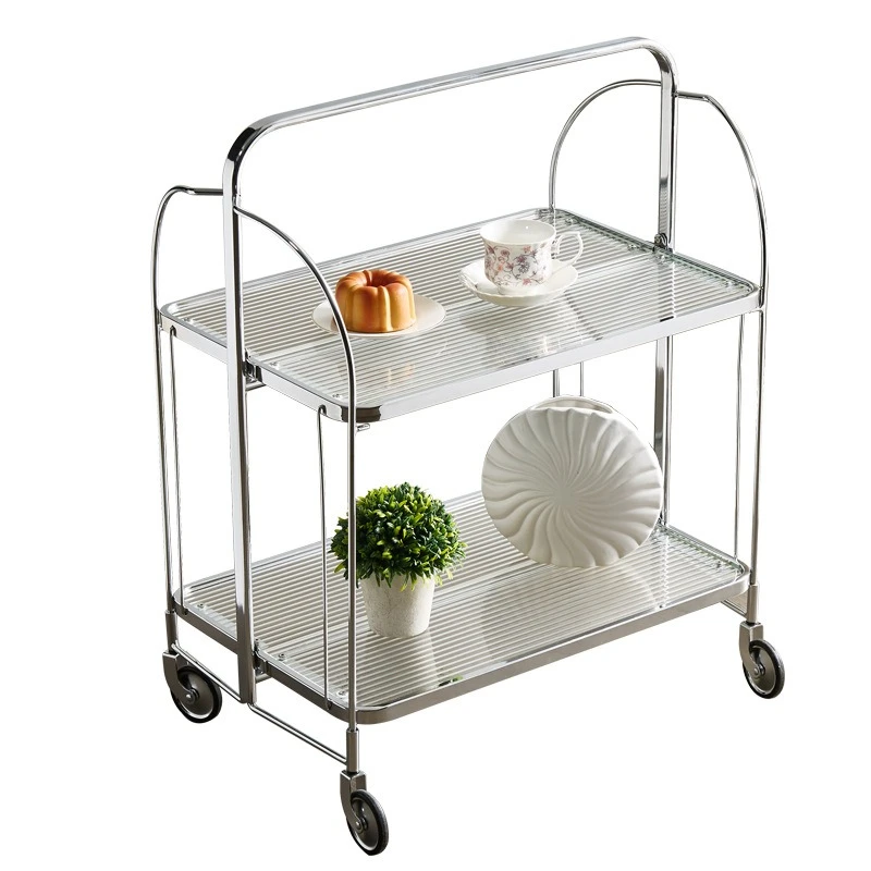 

Household medieval transparent glass stainless steel mobile trolley simple coffee table movable side car