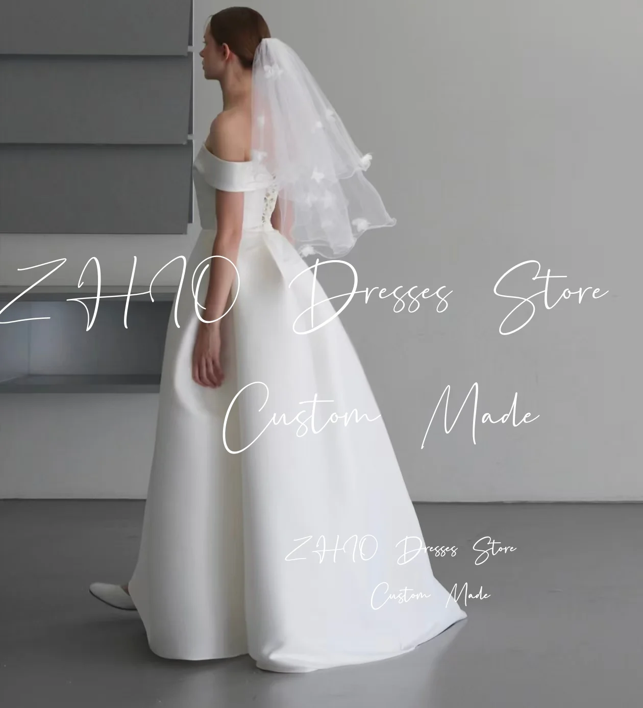 ZHIO Elegante abito da cerimonia nuziale in taffettà bianco con spalle scoperte A-Line Corea Servizio fotografico Abito da ricevimento nuziale personalizzato Garona