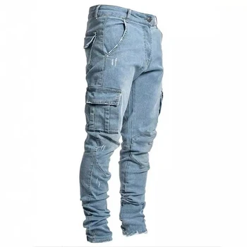 Men Street Elastic Denim Jeans Wash Solid Color Multi Pockets Cargo Pants Casual Slim Fit Daily Wear Joggers Mid Waist Trousers 3