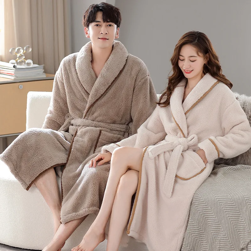 Coral Velvet Nightgown Fall Winter Long Over-the-knee Bathrobe Plus Size Flannel and Pile Couple Nightgown Cosy  Both Men Women