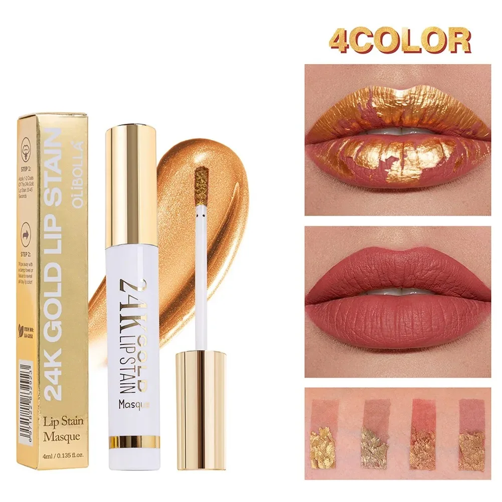 Lip Stain Flüssiger Lippenstift, 4 Farben, Dual-Use Matt-Basis & Metallic-Goldflakes-Top-Coat, Langanhaltendes Schimmer-Lippen-Make-up