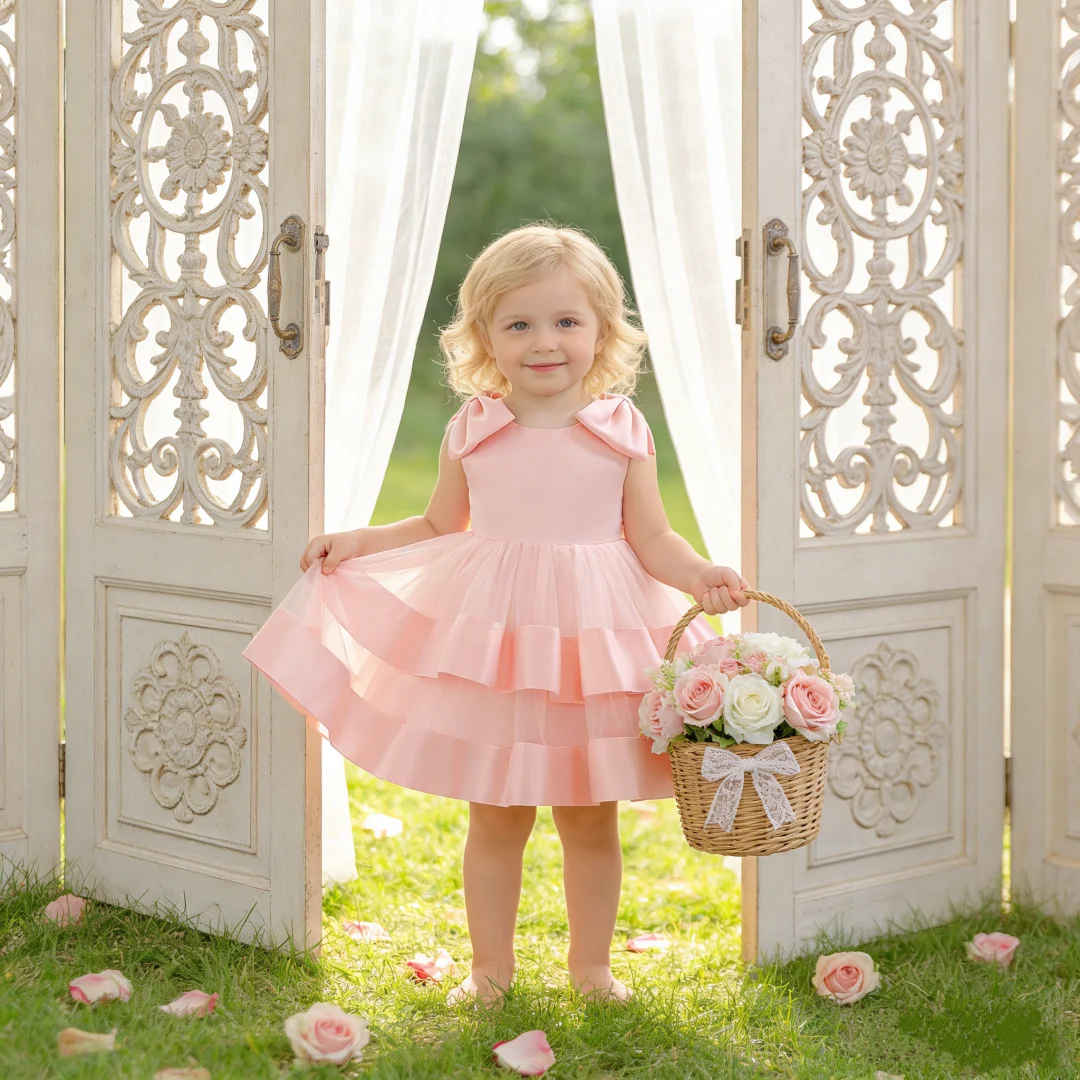 

Girls Bow Mesh Layered Dress Ball Gown Birthday Party Emcee Piano Violin Concert Festival Performance Princess Dress