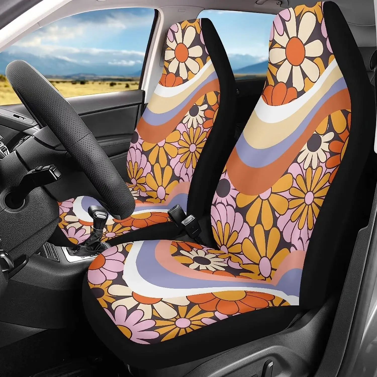 Cute Automotive Seat Protector Hippie Floral Print Front Seat Covers for Car Trucks SUV Nonslip Scratch Proof Washable