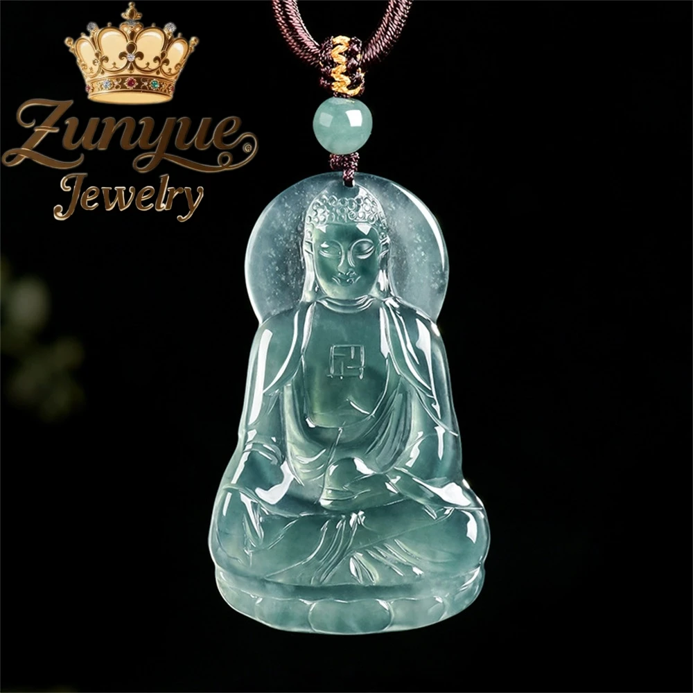 

Natural A-Grade Jadeite Blue Water Buddha God Amitabha Buddha Jade Pendant Ice Rice Type Pendant Fashionable And High-End