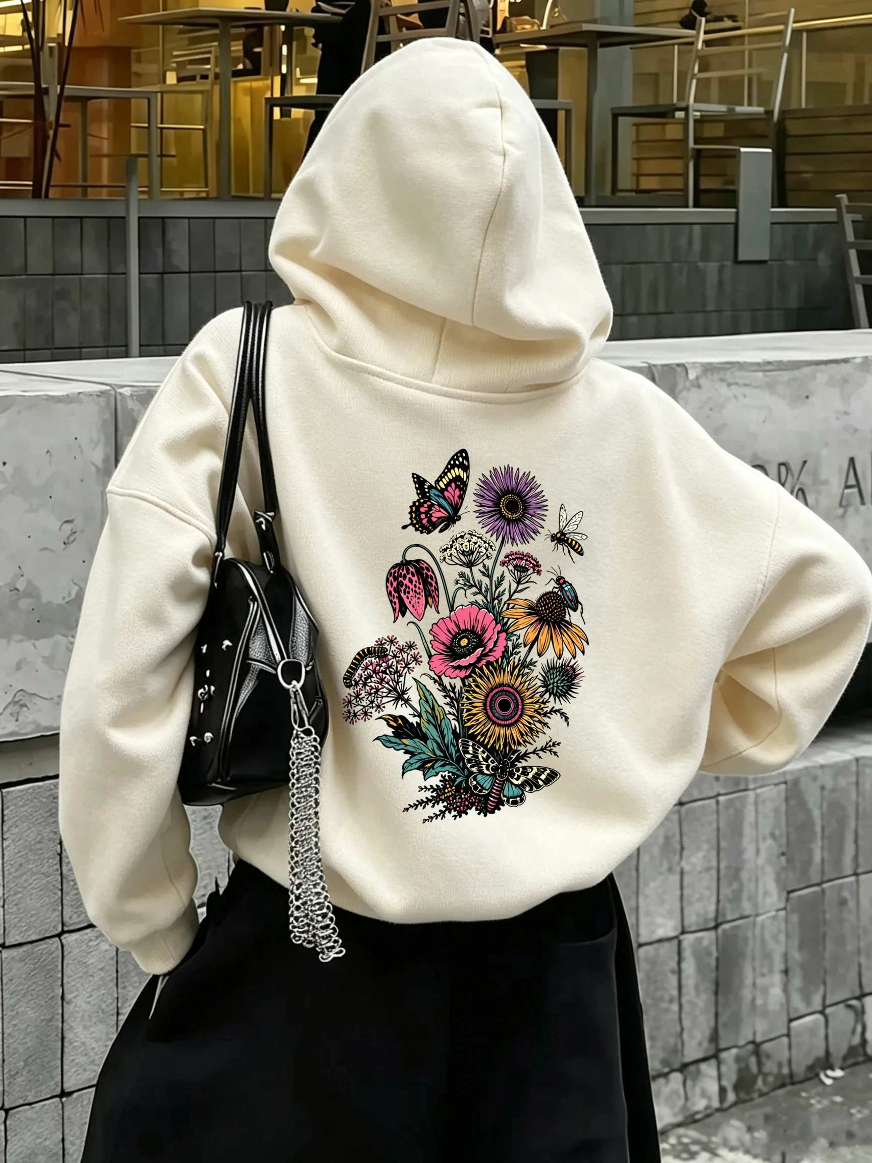 Wildflower Butterfly Moth Bee Insect Print Women'S Hoody Fleece Casual Hoodie Fashion Comfortable Pullover Autumn Pocket Hoodies