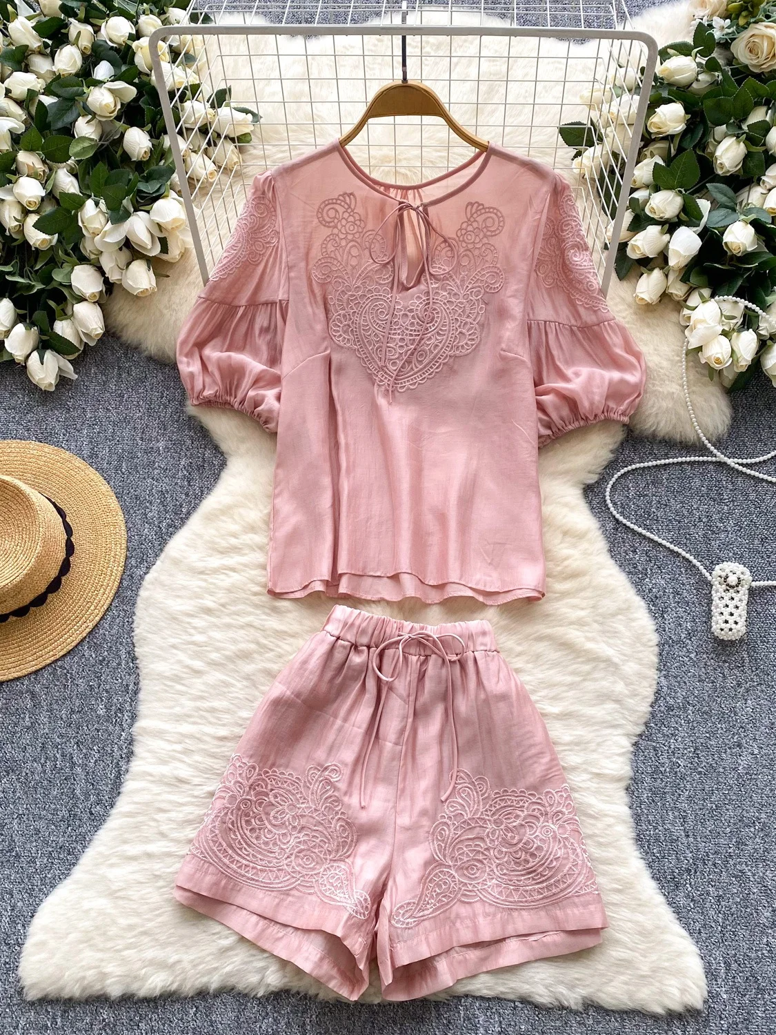 

Sweet Lightweight Embroidery Bubble Sve irt High Waist Wide Leg ort Pants Set Women's Faion Ensemble Agel Beau