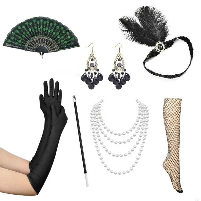 

K3KF Retro 1920s Women Role Playing Accessories Set Headband Satins Gloves