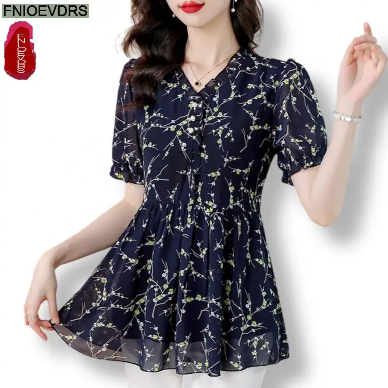 M-4XL Loose Clothes 2024 Summer Ruffles Tops Short Sleeve Women Basic Wear Office Lady Flower Floral Print Peplum Shirts Blouses