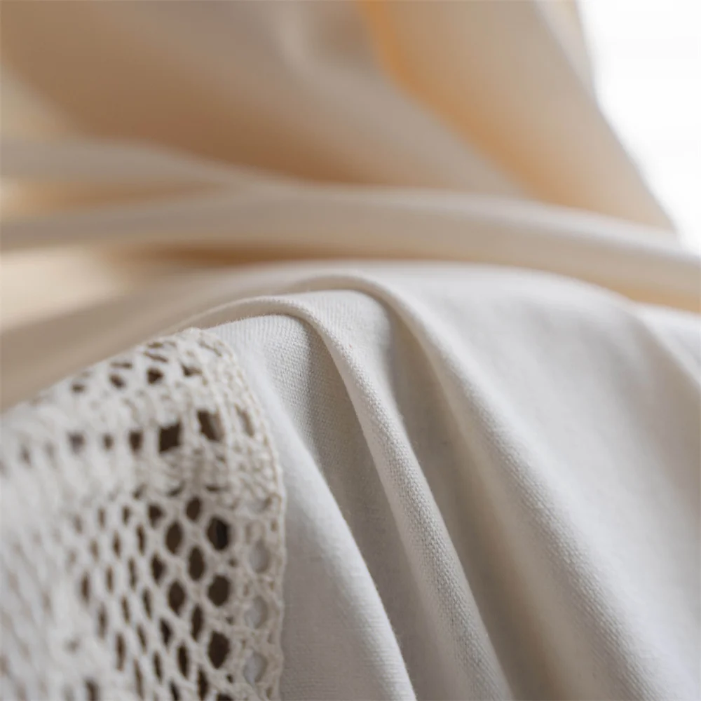 Cortinas semi-opacas de linho Clochef-Boho, bolso de haste, creme de fazenda, serapilheira de algodão artesanal, renda costurada, cortina de borla