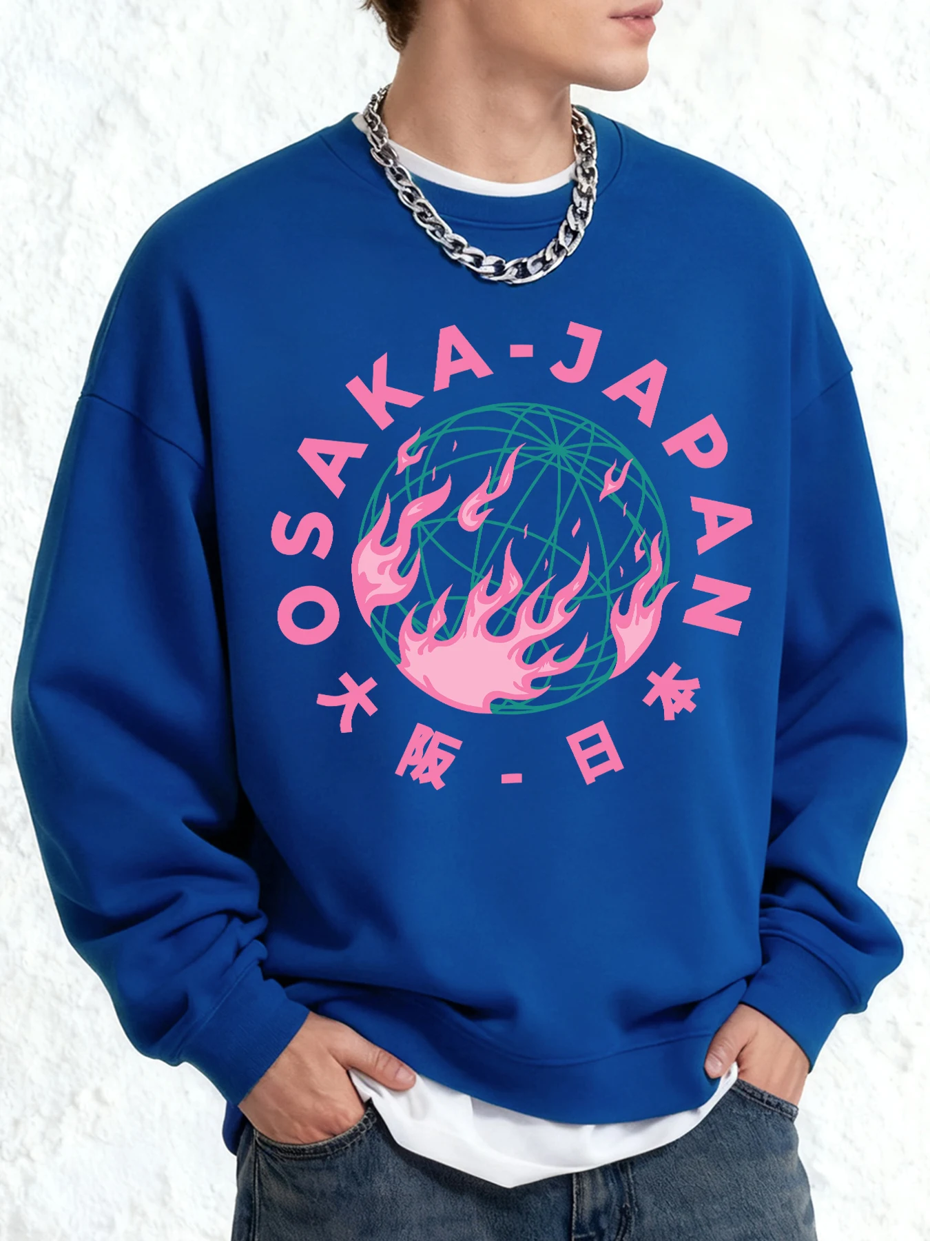 Osaka-Japan City Pink Design Sweatshirt Herren Trendy Herbst Warm Langarm O-Ausschnitt All-Match-Kleidung Unisex Casual Oversize Top