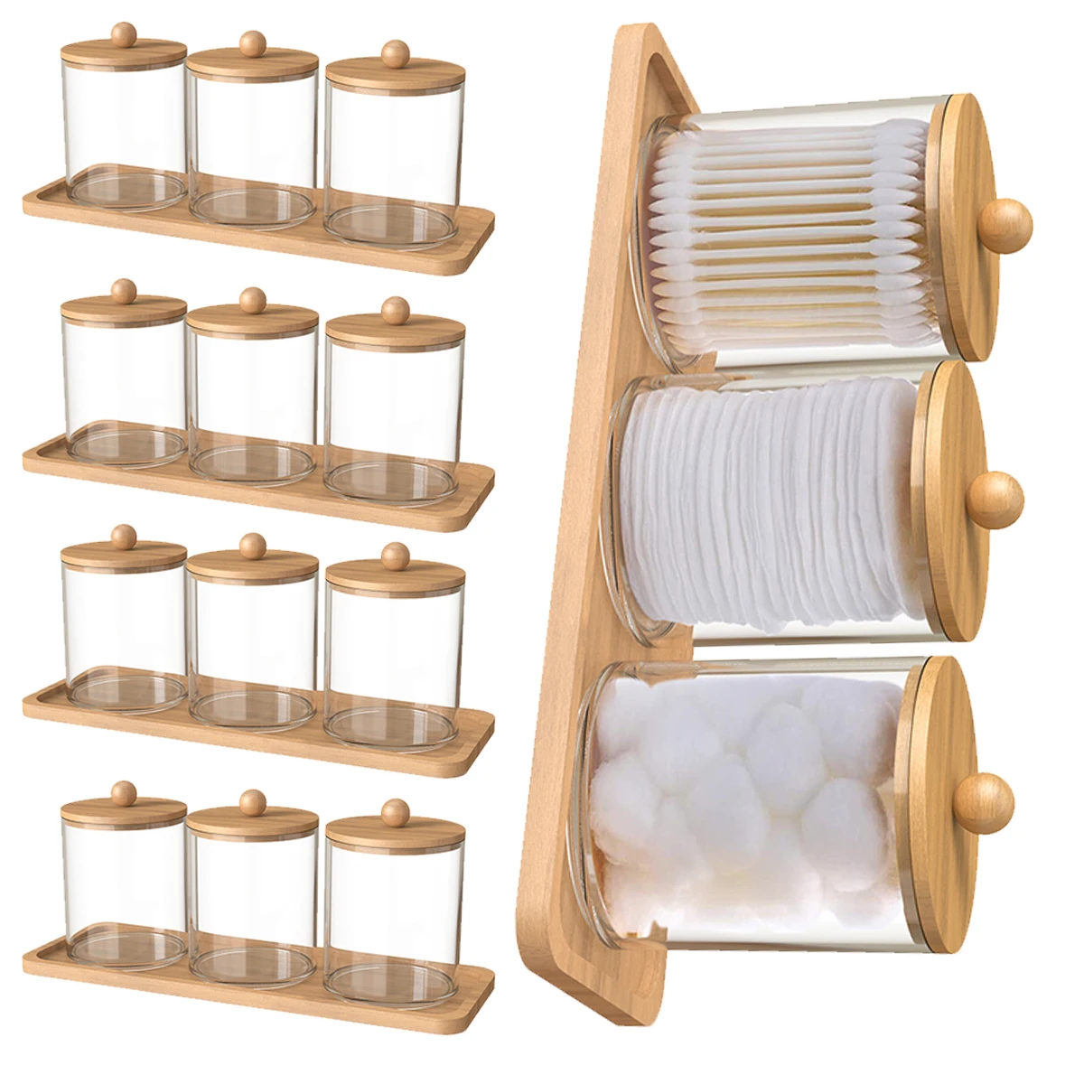 

5Sets/1Set Glass Qtip Holder Dispenser with Bamboo Lids Tray Bathroom Organizer Storage Bathroom Decor for Cotton Swab Pad Floss