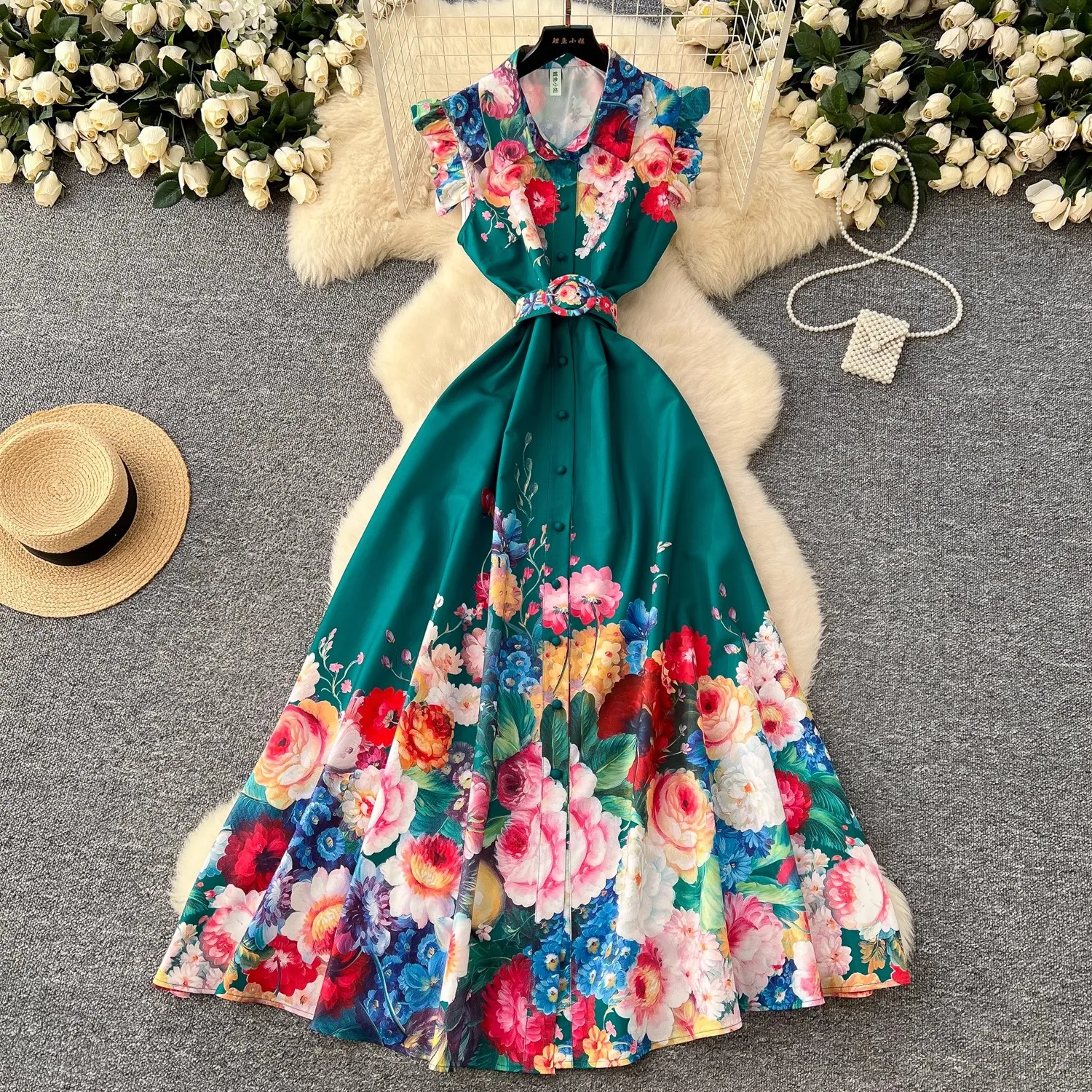 

2025 Summer Runway Gorgeous Flower Print Tank Dress Women's Ruffles Sleeveless Single Breasted Belt Long Beach Party Vestidos