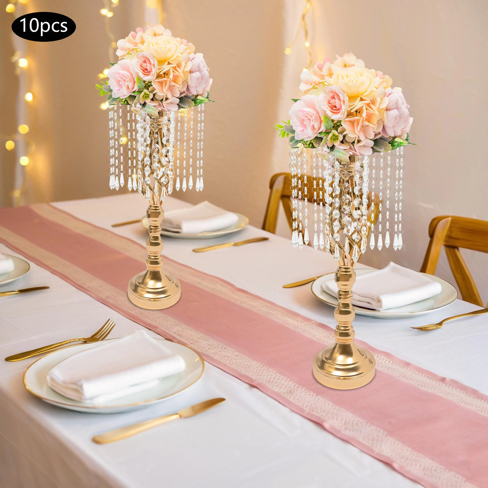 10 Pcs 19.3in Tall Crystal Flower Stand Gold Metal Wedding Road Lead Flower Holders Table Centerpiece Wedding Supplies