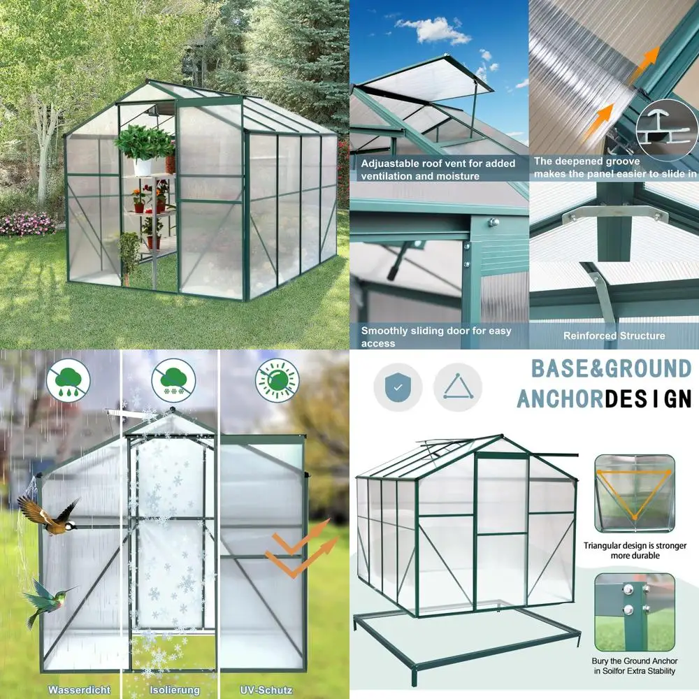 

Outdoor Heavy-Duty Aluminum Polycarbonate Greenhouse, 6x8 with Rain Gutter, Sliding Doors, and Ventilation Window