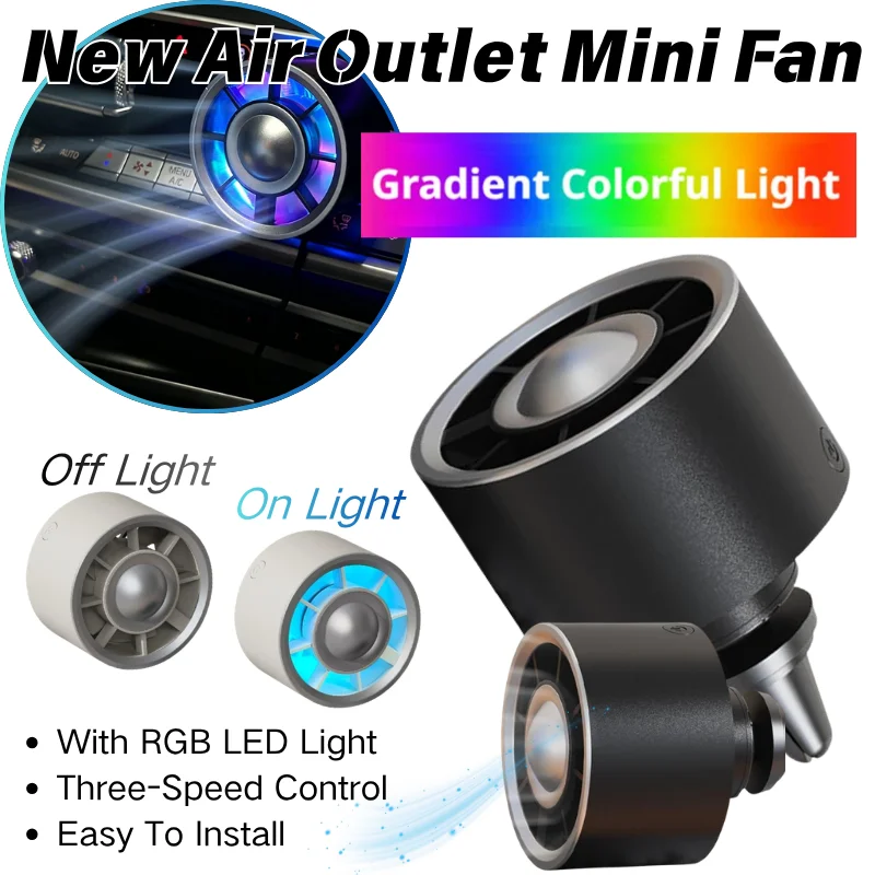 Car Air Vent Mini Fan with Colorful LED Light Quiet 360 Rotation USB Cooling Fan Portable Car Interior Cooler Accessory