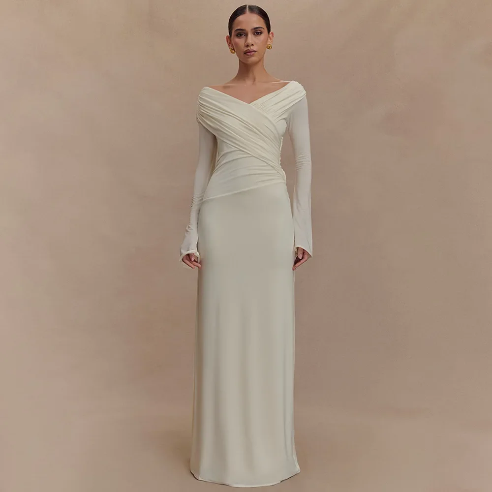 Vestido de lujo de manga larga para mujer, vestidos de noche con pliegues cruzados y cuello en V, vestidos curvos para fiesta, invitados de boda, novedad de Otoño Invierno 2025, blanco y azul