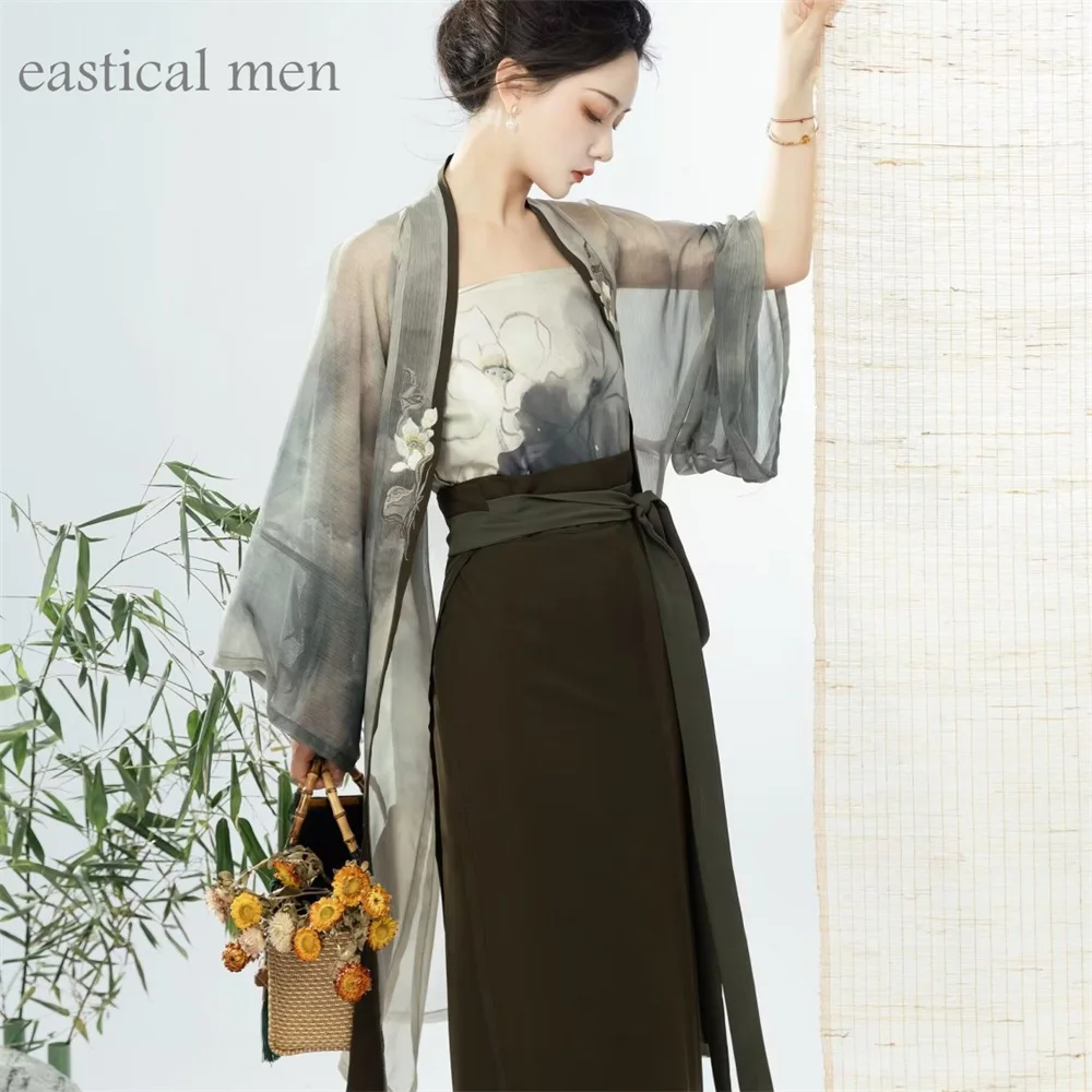 Canção Estilo Hanfu Verde Melhorado Chinês Vestido Suit Mulheres Elegantes Qipao Quimono Solto Cardigan Sexy Bordado Roupas Floral