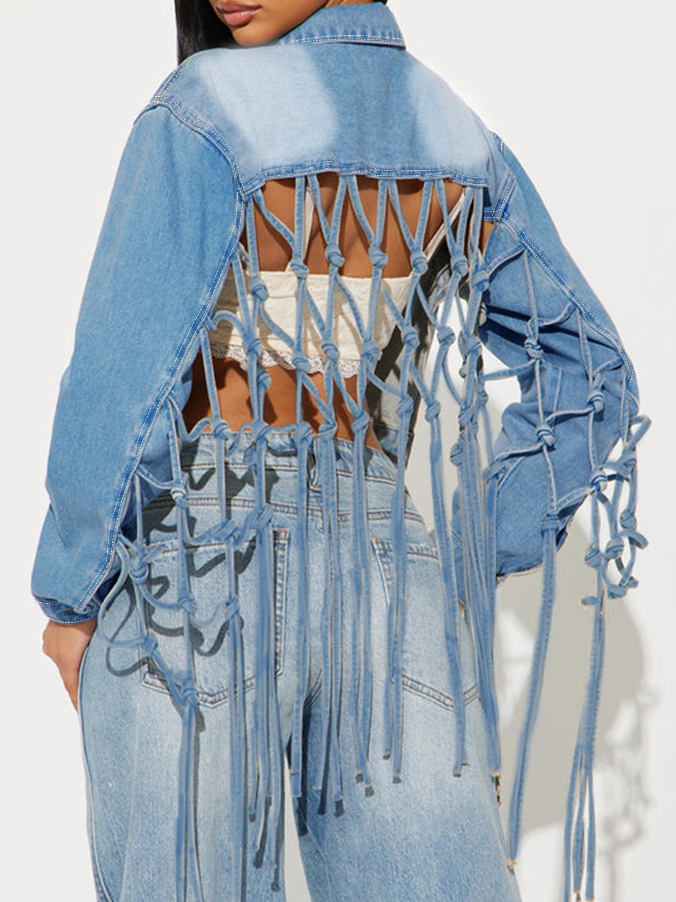 Plus Size Women's Cropped Denim Jacket with Lace-Up Back, Long Sleeve Button Down Lapel Jean Coat with Tassel Details